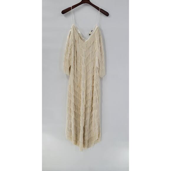 Vtg Nightworks Womens Fringe Dress 16 Cream Layered Cold Shoulder Dolman Midi - Picture 1 of 13